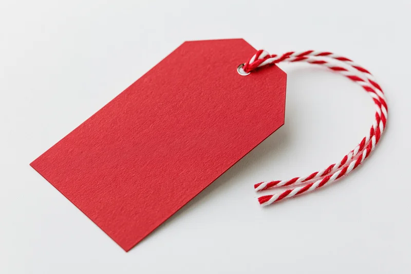 Blank red cardstock gift tag with red and white twisted string on white background
