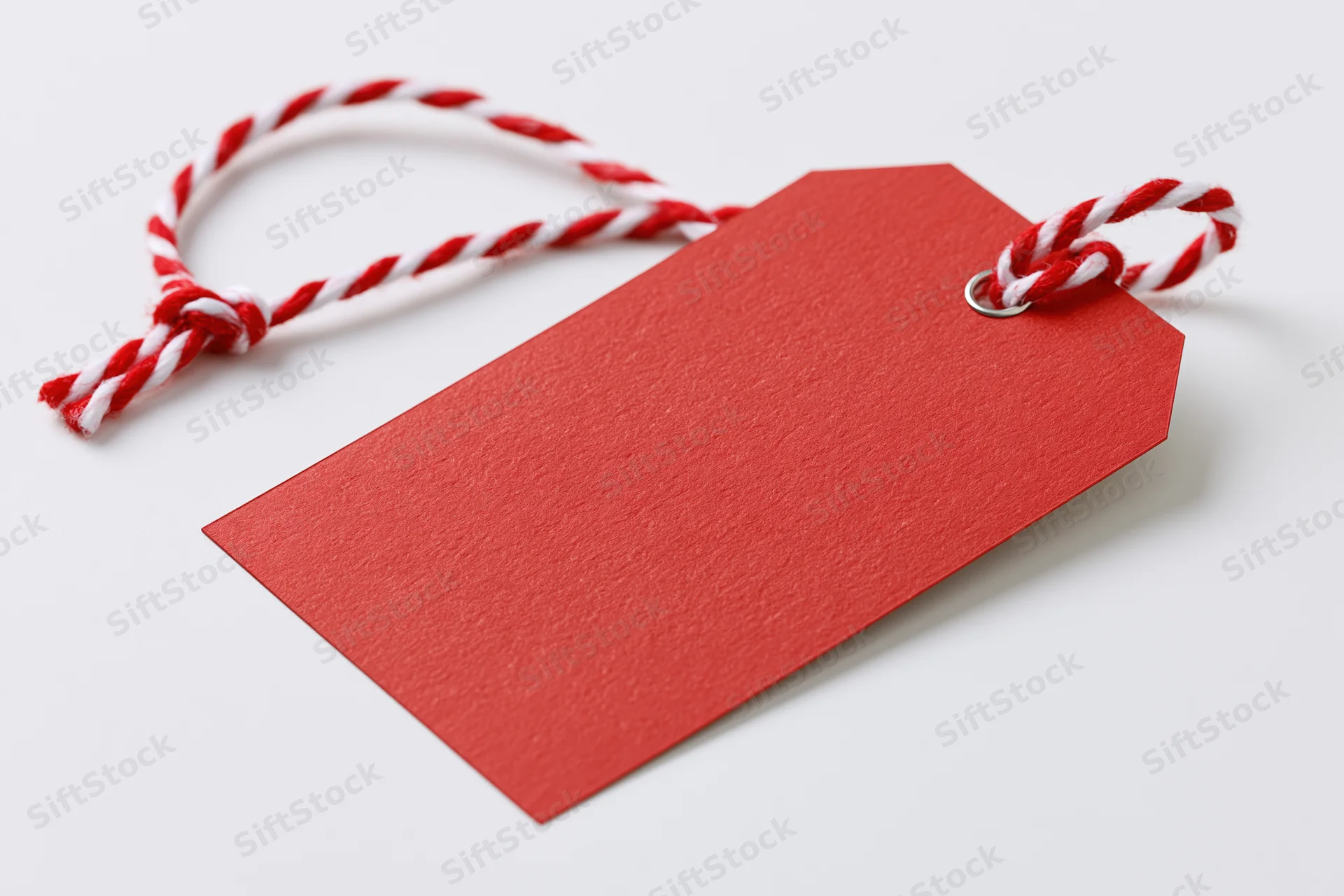 Blank red cardstock gift tag with red and white twisted string on white background
