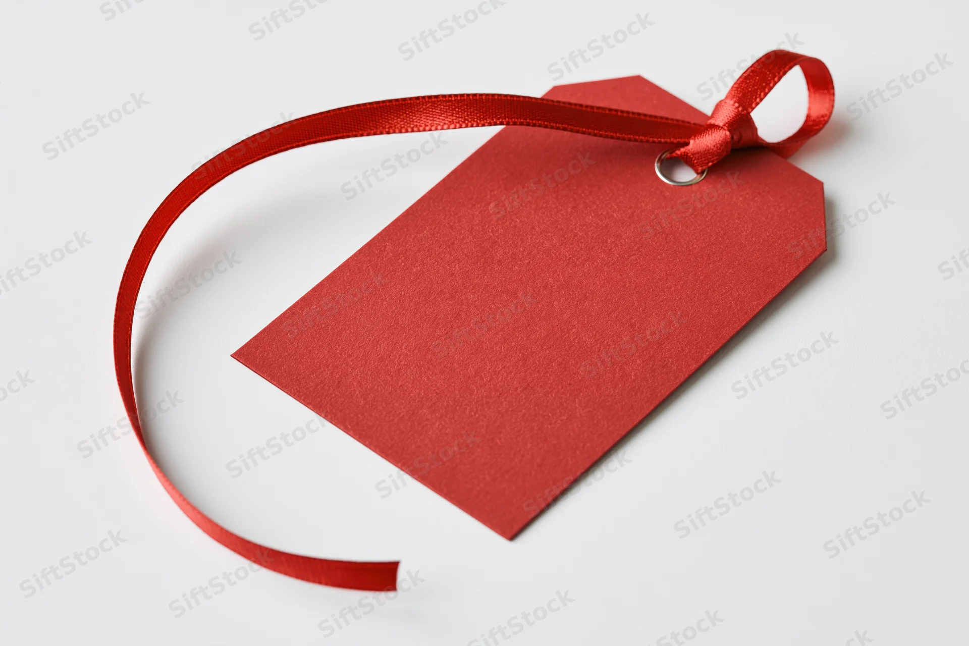 Red cardstock gift tag with ribbon tied through metal eyelet on white background