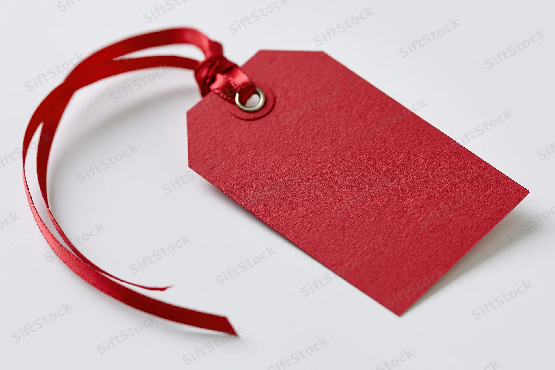 Red cardstock gift tag with ribbon and metal eyelet on white background