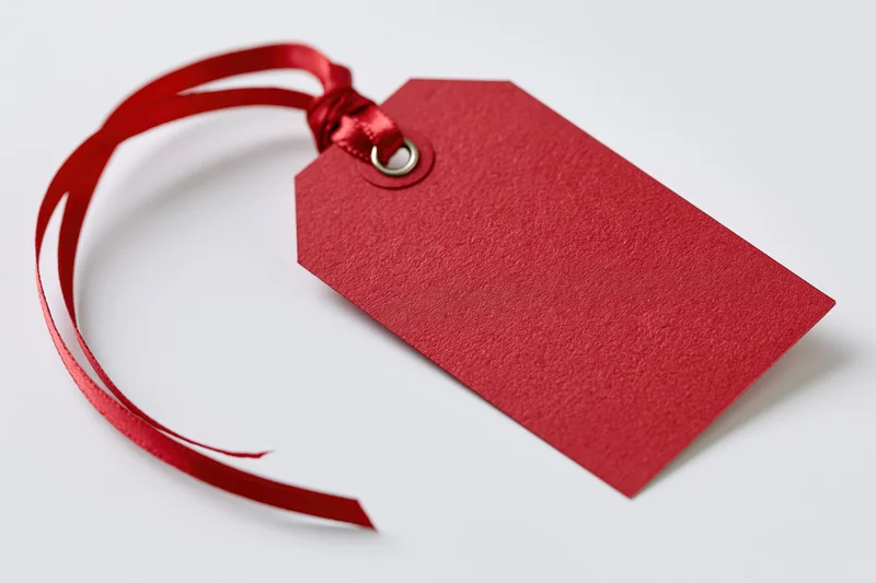 Red cardstock gift tag with ribbon and metal eyelet on white background