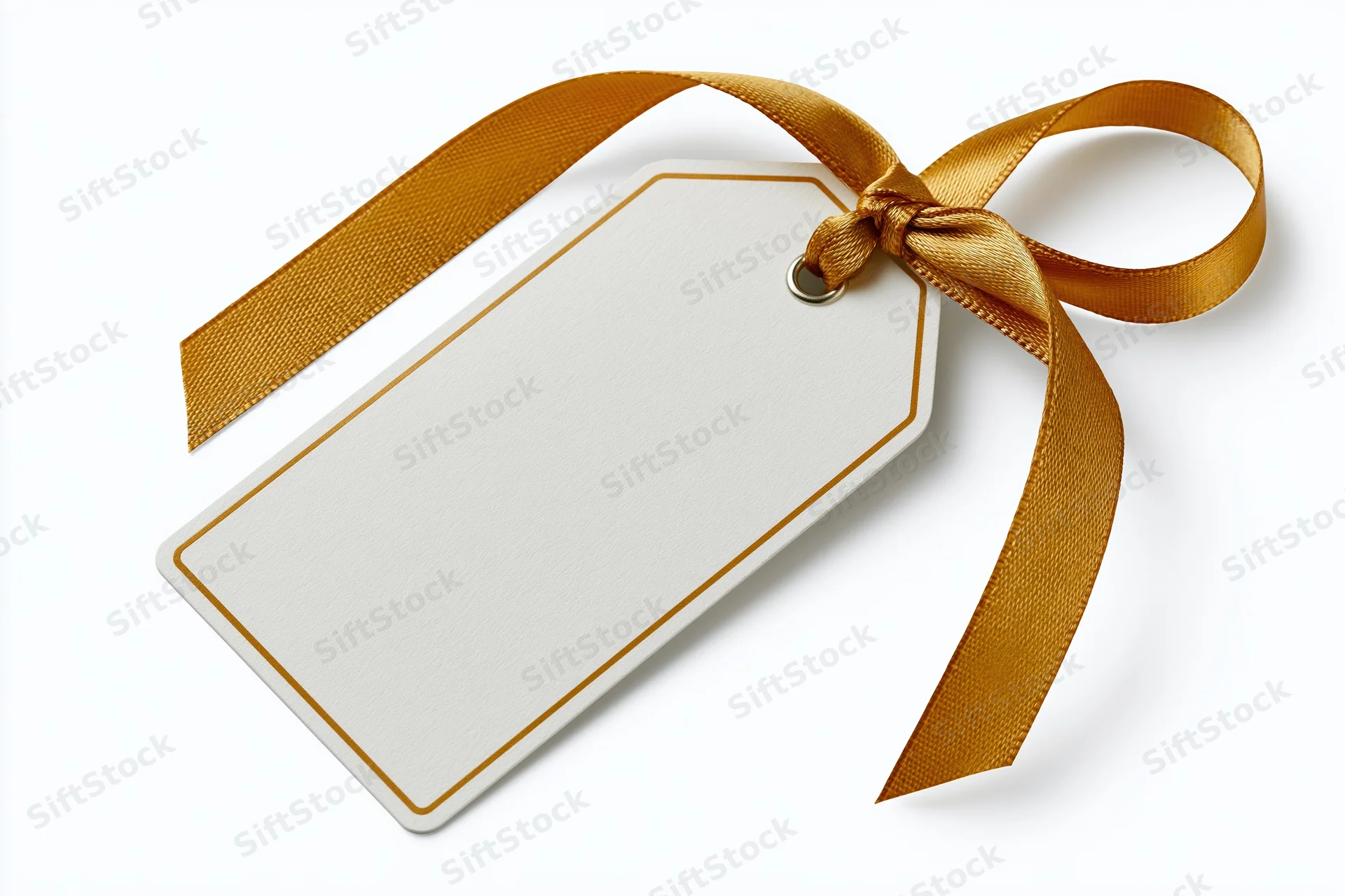 Blank white gift tag with gold ribbon bow on white background