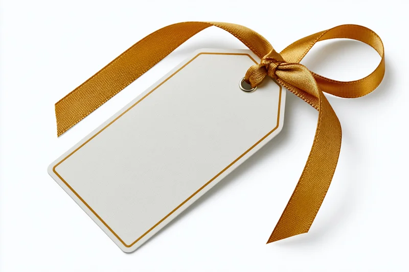 Blank white gift tag with gold ribbon bow on white background