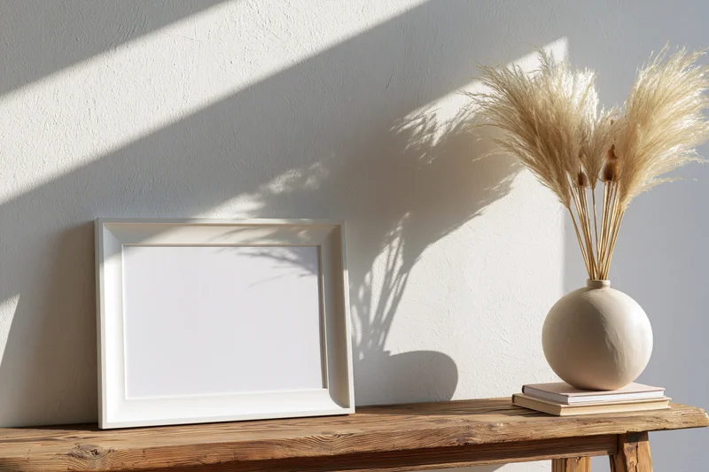 Blank white frame leaning on wooden table beside vase with pampas grass and books, against textured wall with sunlight shadows