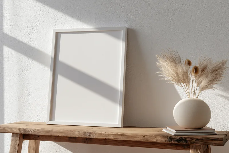 Blank white frame leaning on wooden table beside vase with dried pampas grass in minimalist interior