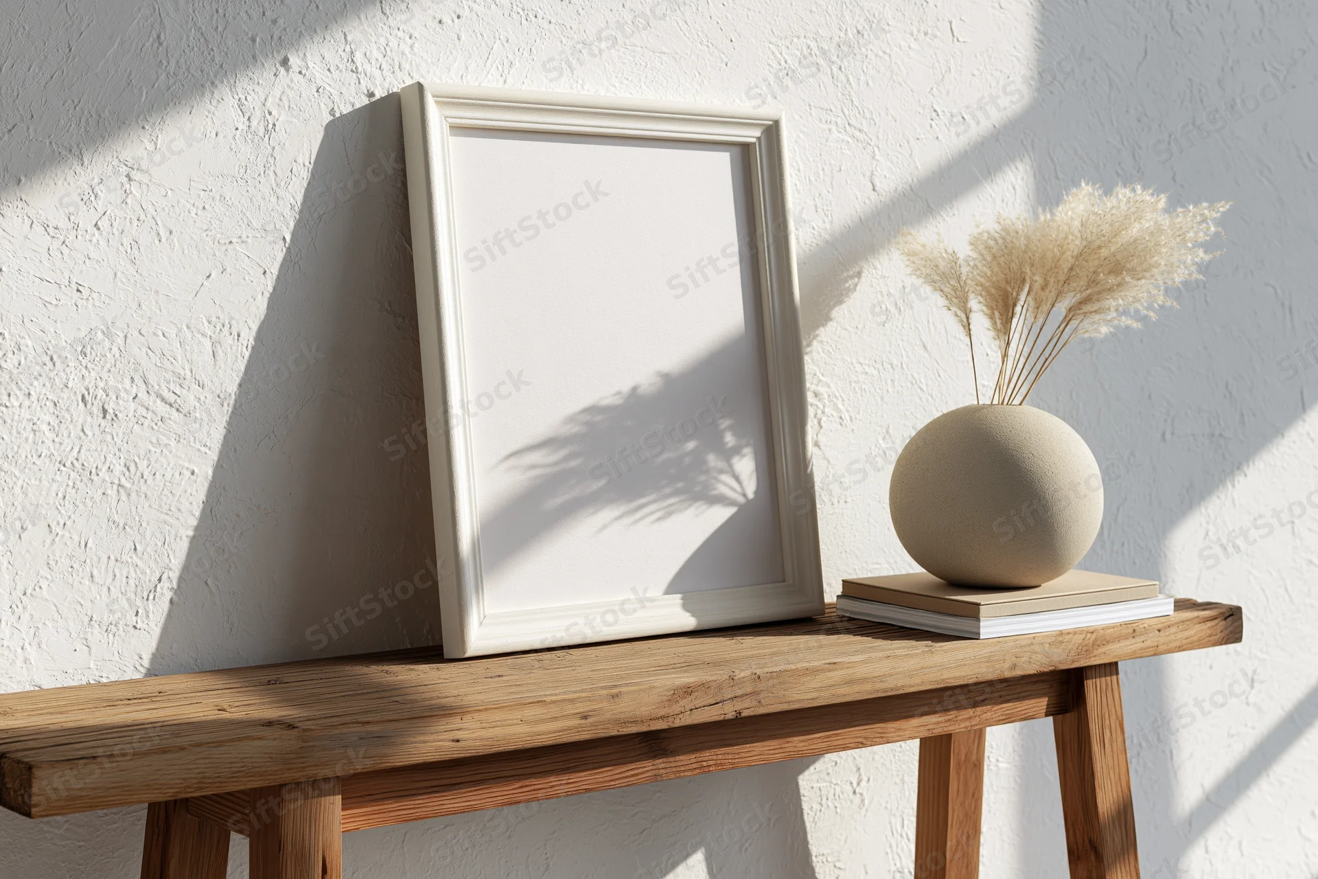 Blank white frame leaning on wooden console table beside ceramic vase with pampas grass and stacked books against textured white wall