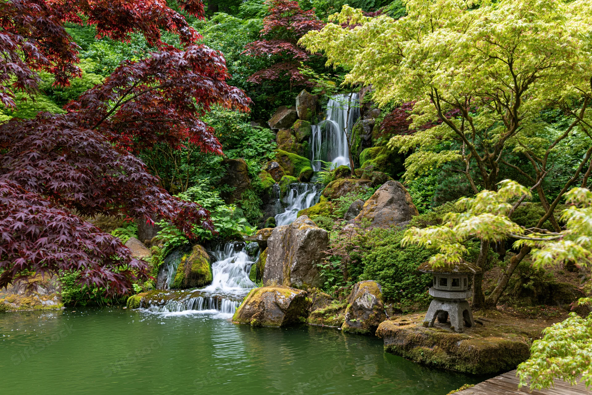 Cascading waterfall flowing over mossy rocks in a Japanese garden with maple trees and a stone lantern beside a pond
