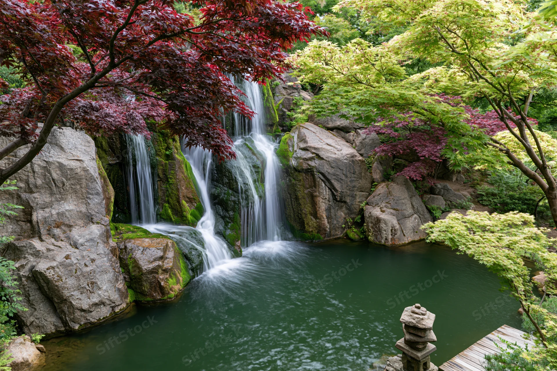 Multi-tiered waterfall cascading over mossy rocks in a Japanese garden with red maple trees and a stone lantern near a wooden path
