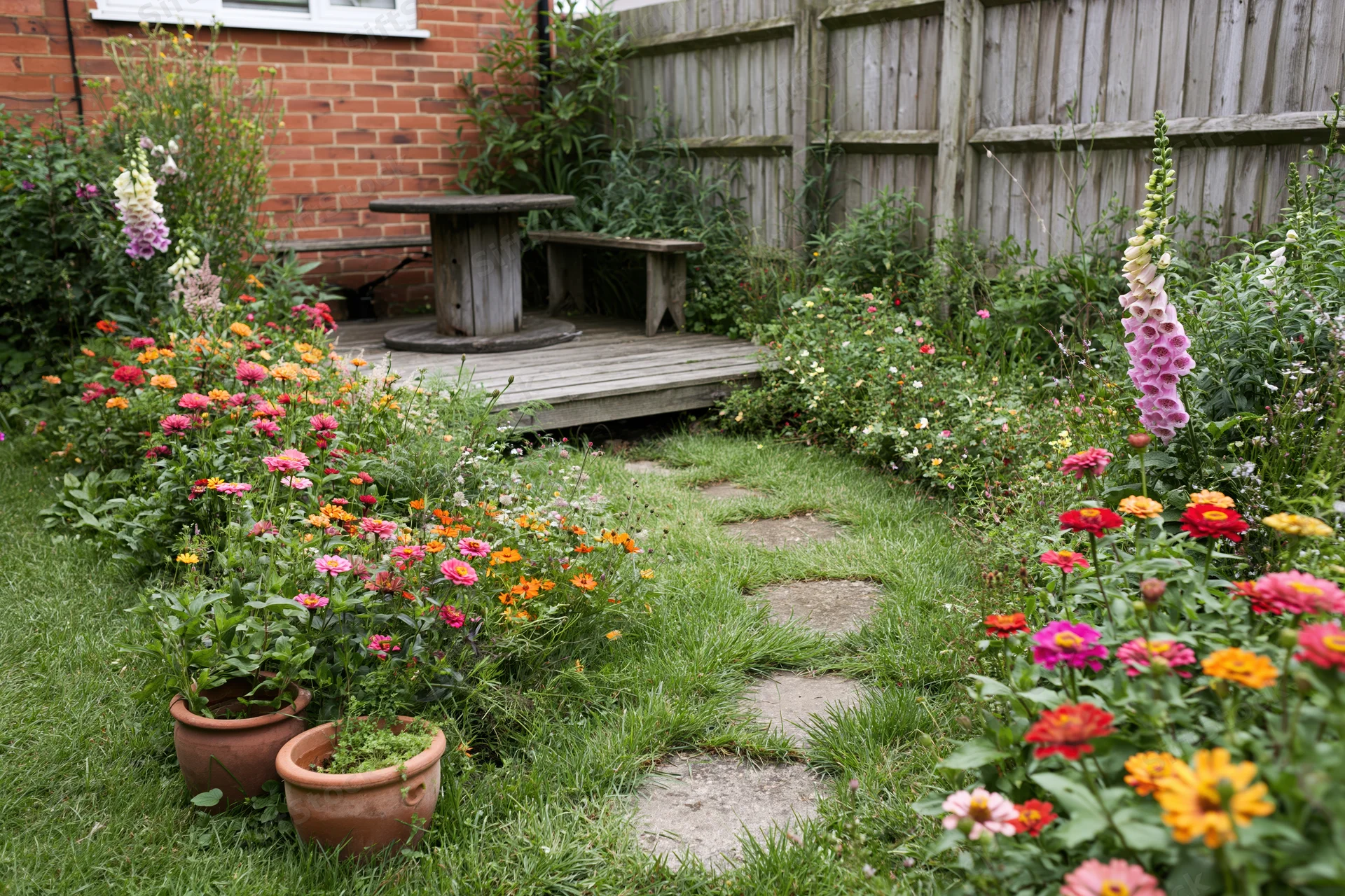 A cottage garden with a stone path winding through blooming flowers and greenery