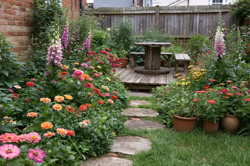 Cottage garden with stone path winding through blooming flowers and potted plants around wooden table and bench
