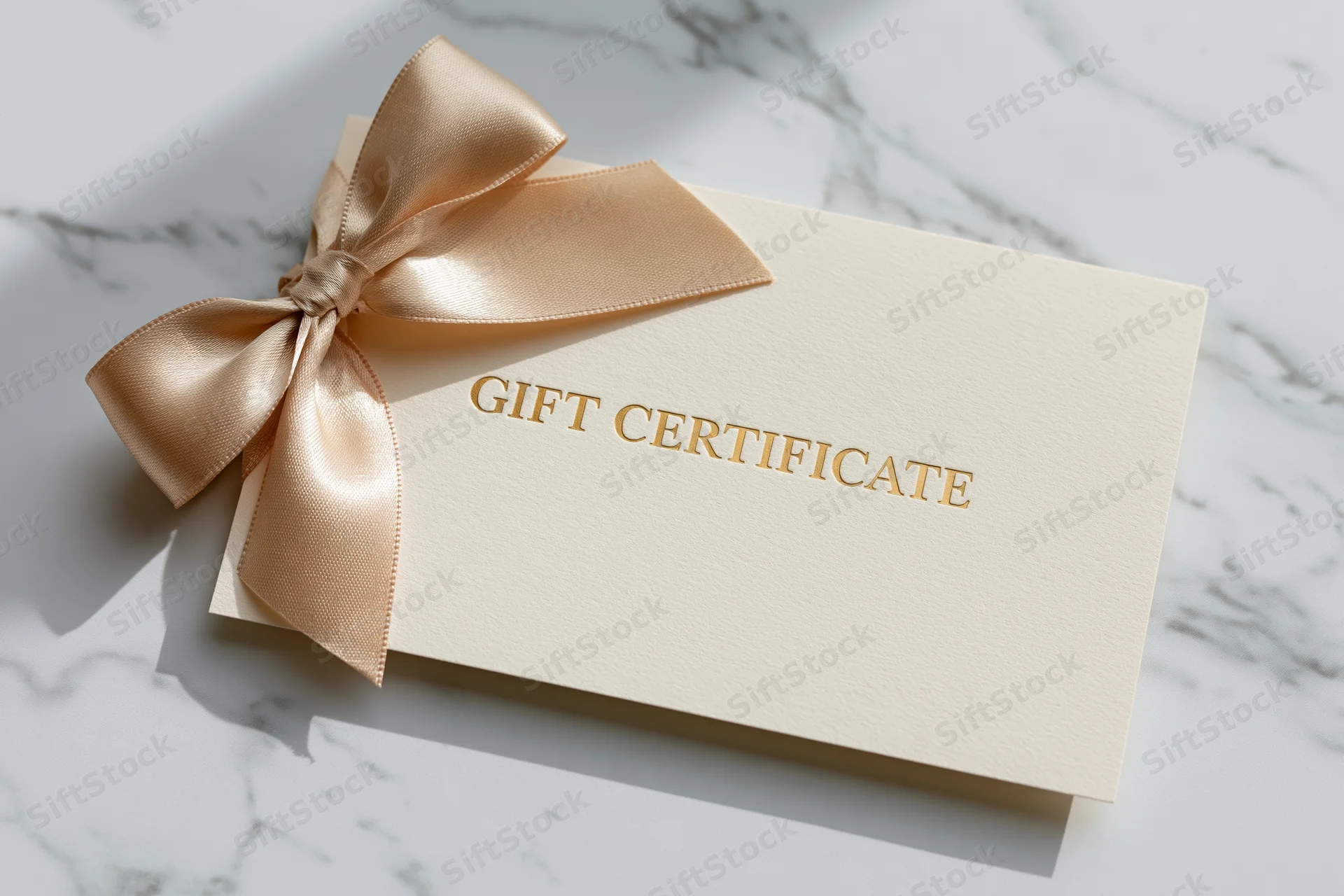 Cream gift certificate card with gold embossed text and satin ribbon bow on marble surface