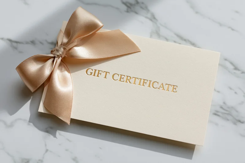 Cream gift certificate card with gold embossed text and satin ribbon bow on marble surface