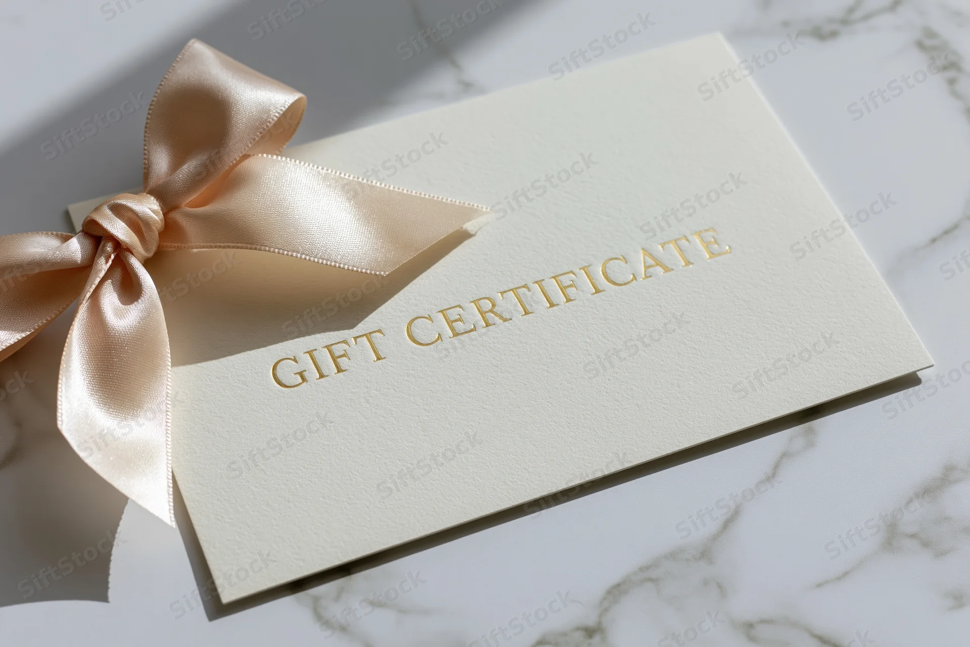 Cream gift certificate card with gold embossed text and satin ribbon on marble surface