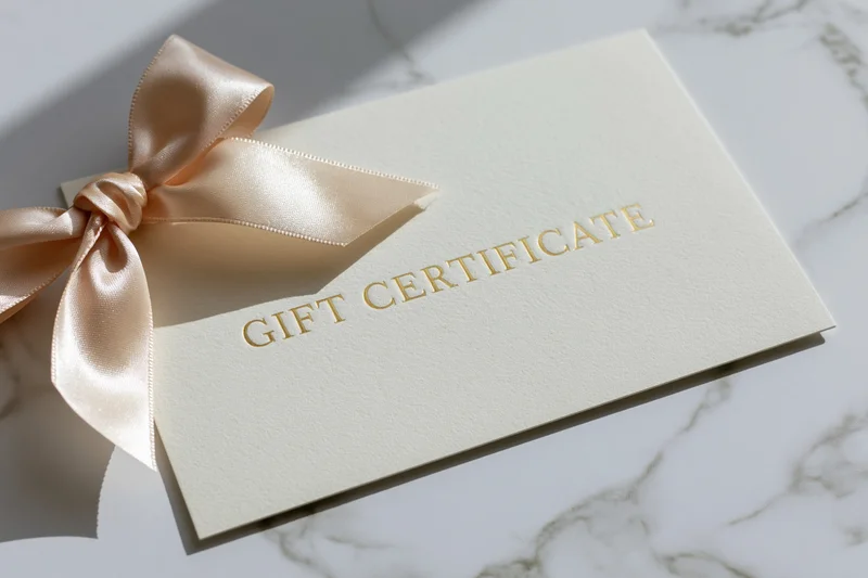 Cream gift certificate card with gold embossed text and satin ribbon on marble surface