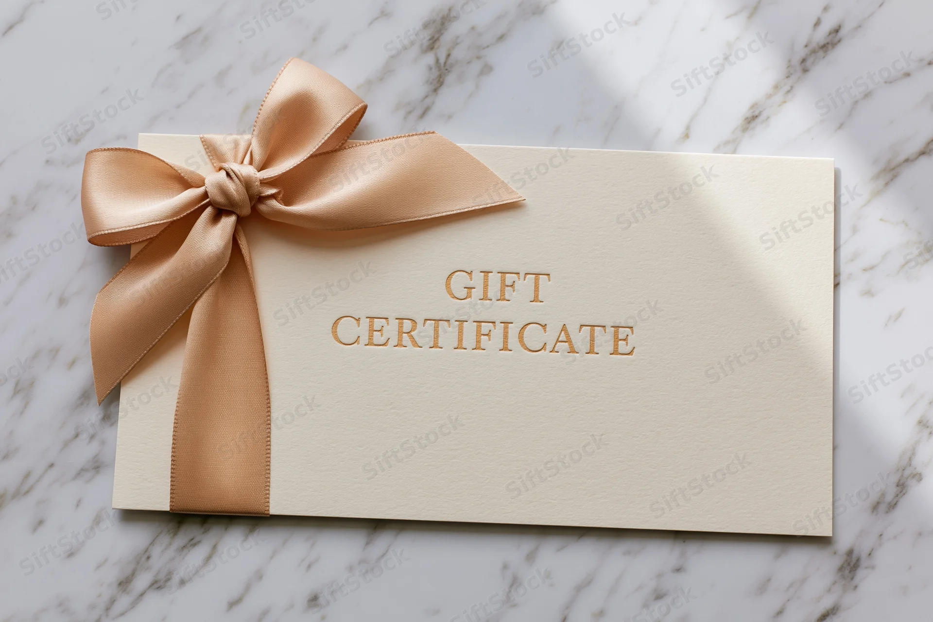 Cream gift certificate card with gold embossed text and satin ribbon bow on marble surface