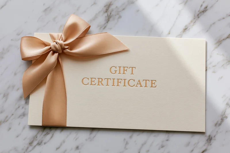 Cream gift certificate card with gold embossed text and satin ribbon bow on marble surface
