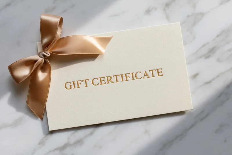 Cream gift certificate card with gold embossed text and satin ribbon on marble surface