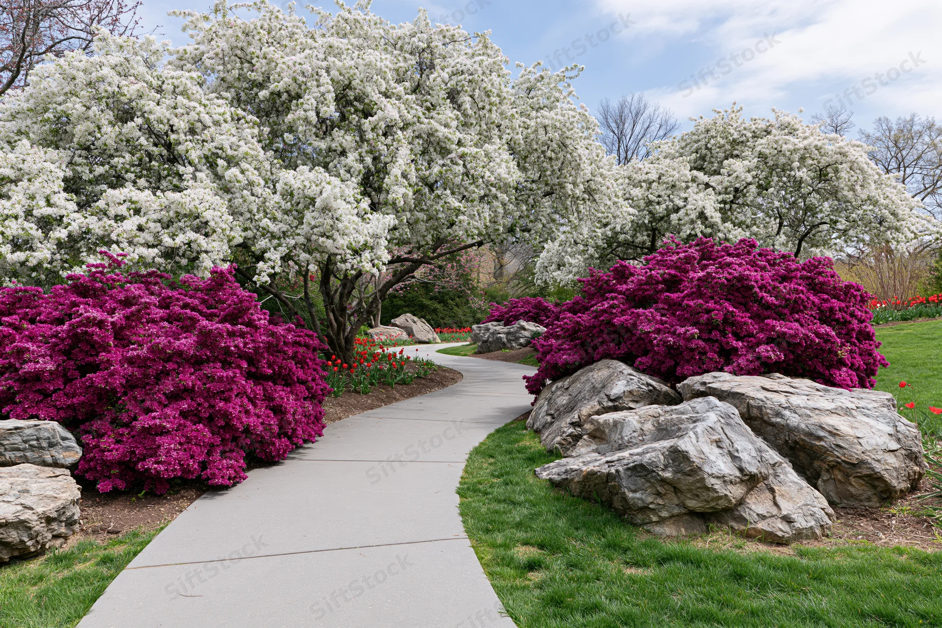 Curved concrete path winding through a garden with white blossoming trees and purple shrubs surrounded by rocks and green lawn