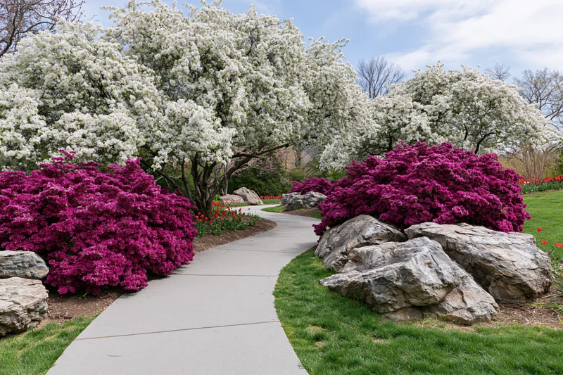 Curved concrete path winding through a garden with white blossoming trees and purple shrubs surrounded by rocks and green lawn