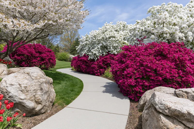 Curved concrete path winding through a garden with blooming azaleas and cherry trees in spring