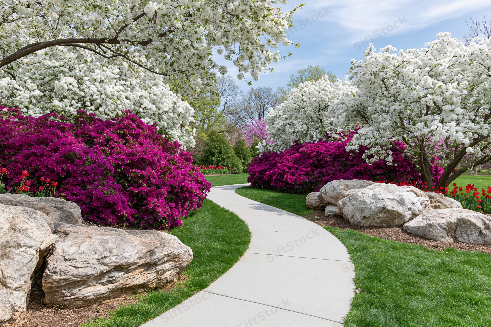 Curved concrete path winding through a garden with blooming white dogwood trees and purple azalea shrubs