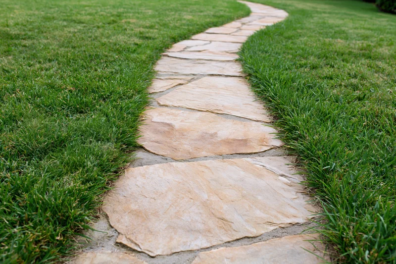 Curved flagstone path winding through a green lawn in a garden setting