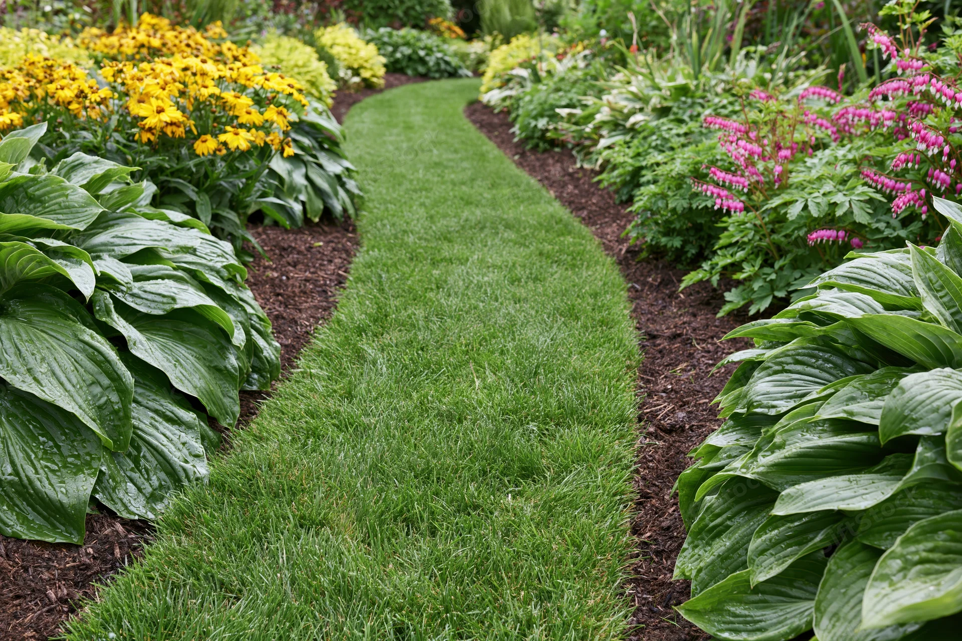 Curved green lawn path winding through flowerbeds with hosta and colorful blooms in a landscaped garden