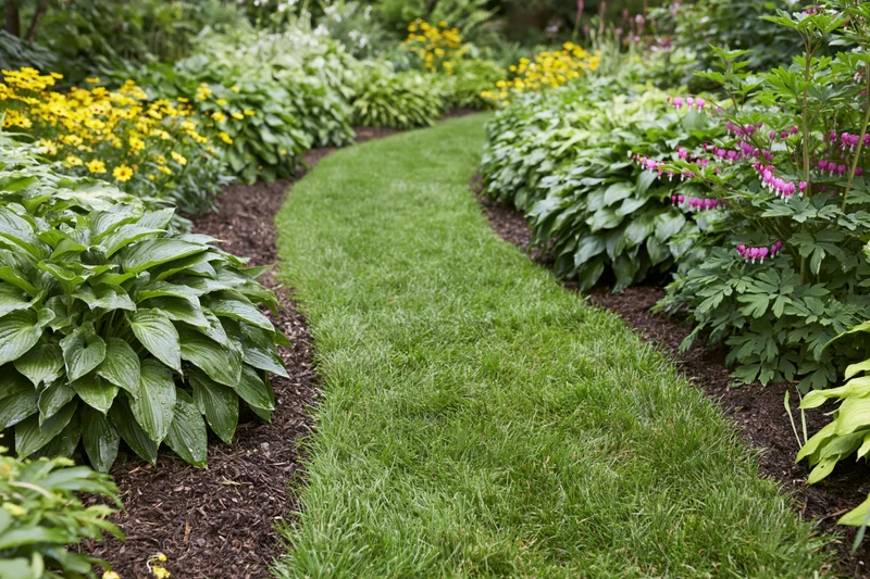 Curved green lawn path winding through flowerbeds with hosta and colorful blooms in a landscaped garden
