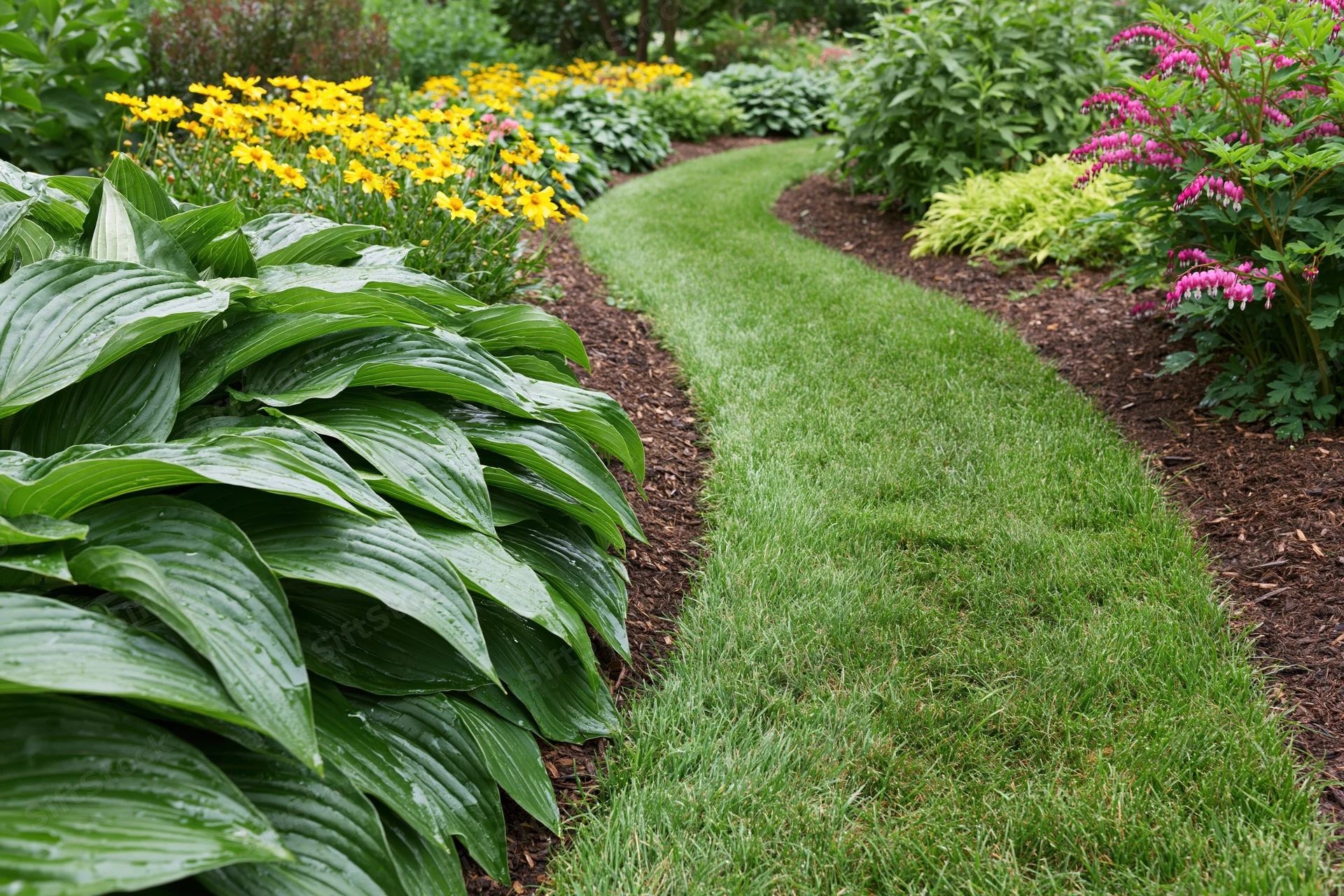 Curved green lawn path winding through a garden bordered by hosta plants and colorful flowers