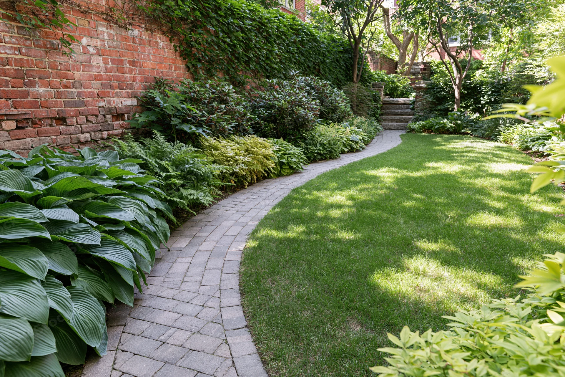 Curved brick paver pathway winding alongside manicured lawn and lush green plants in a garden setting