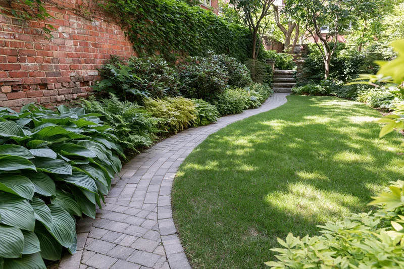 Curved brick paver pathway winding alongside manicured lawn and lush green plants in a garden setting