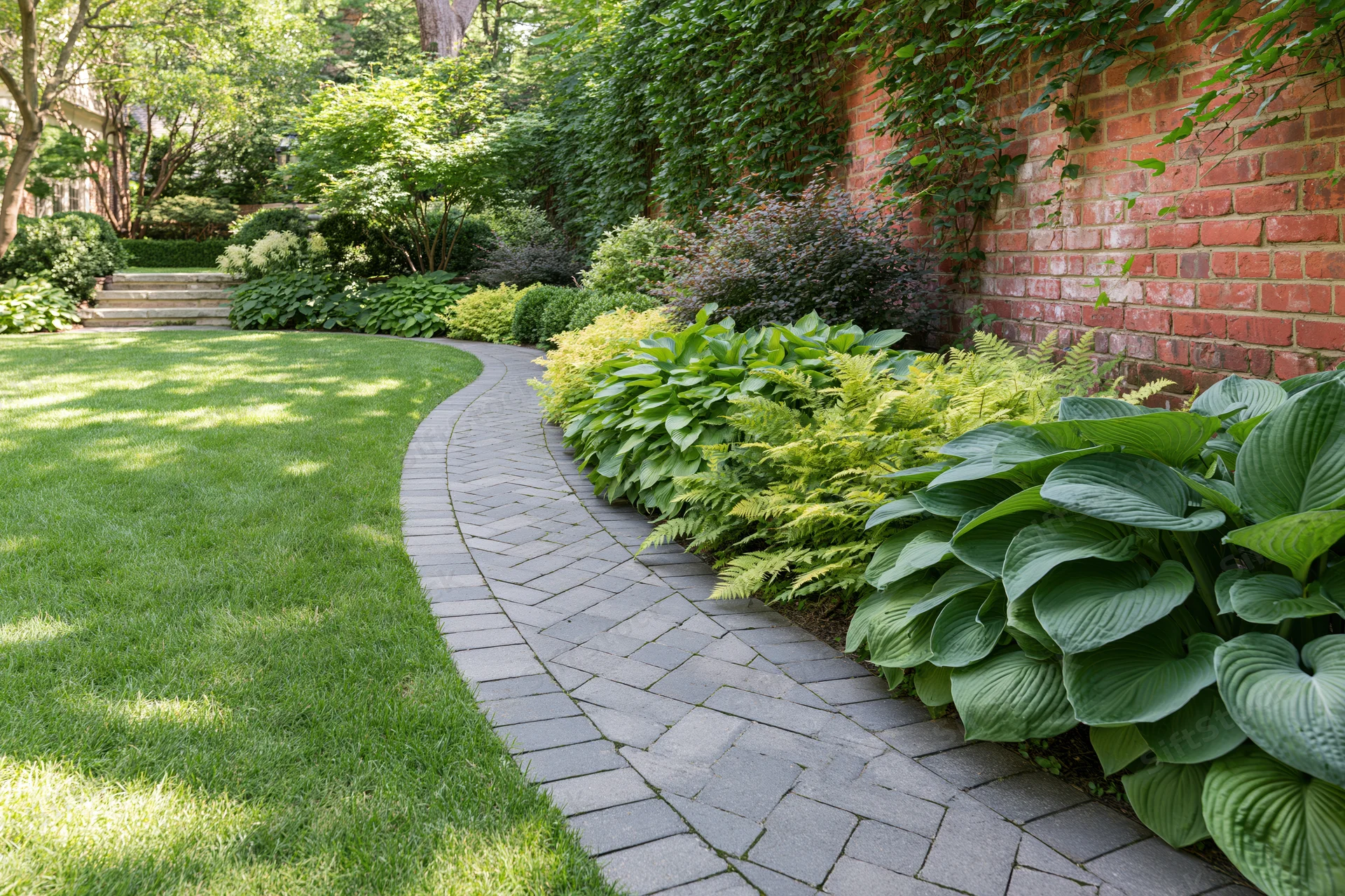 Curved gray brick paver pathway winding alongside manicured lawn and lush green plants in a residential garden