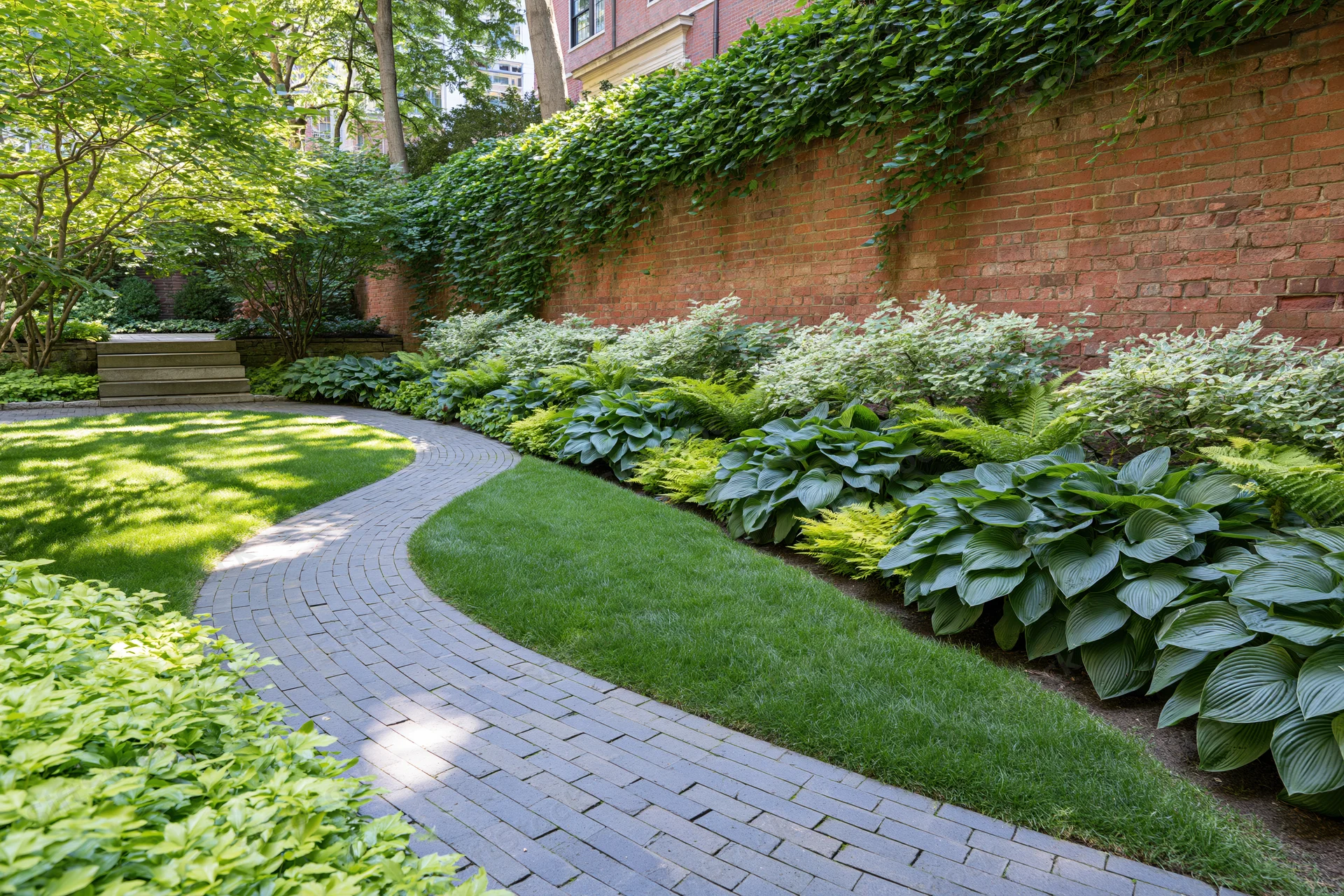 Curved brick pathway winding through a lush garden beside a brick wall with ivy and hosta plants