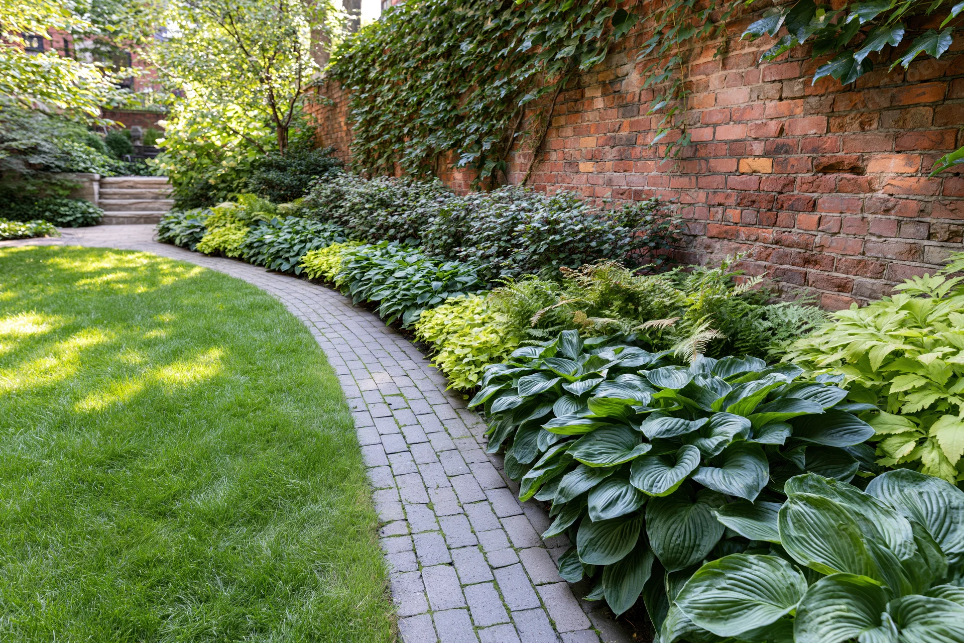 Curved brick paver pathway winding alongside lush green plants and a brick wall in a garden