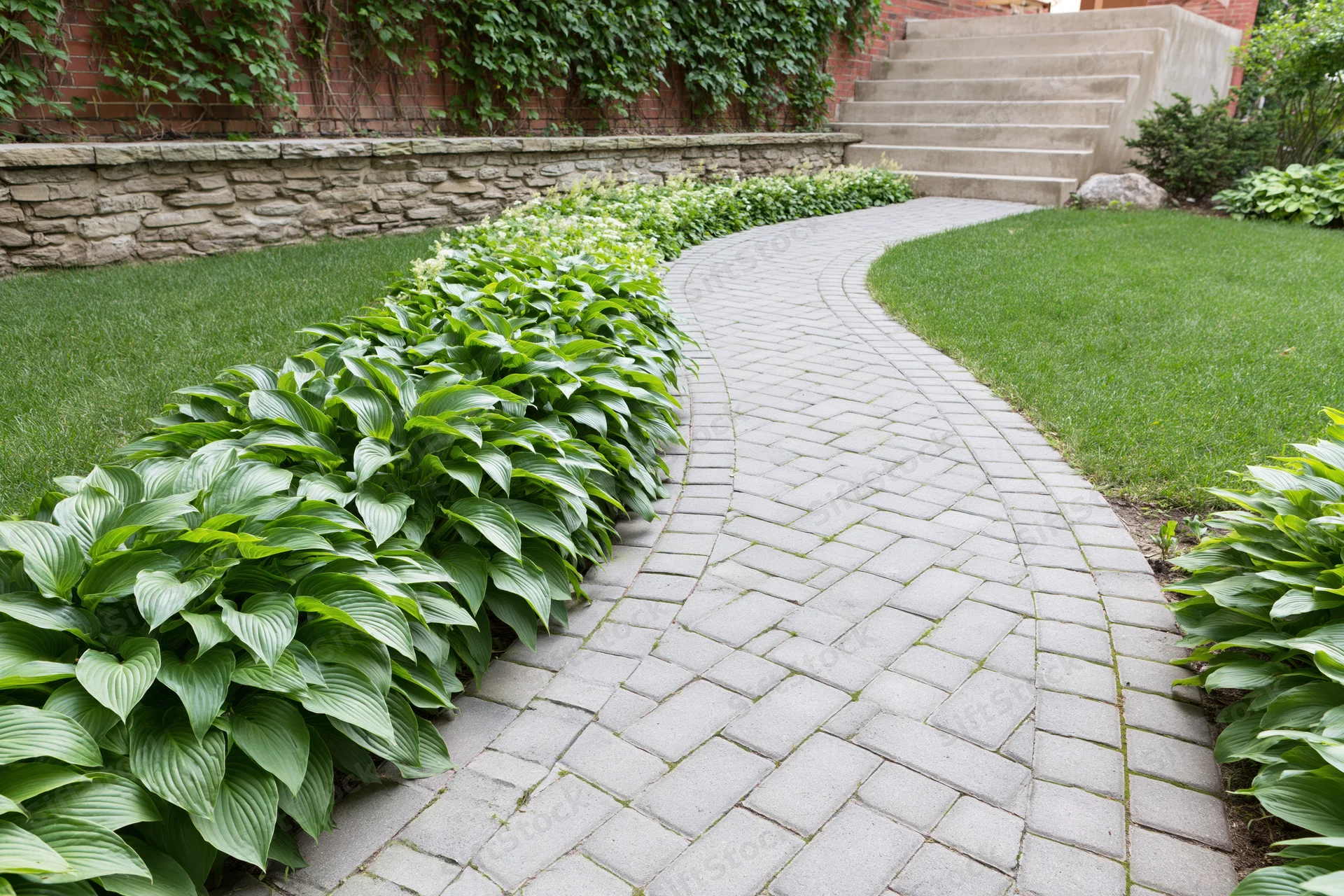 Curved interlocking paver pathway winding through a manicured garden with hosta plants and lawn
