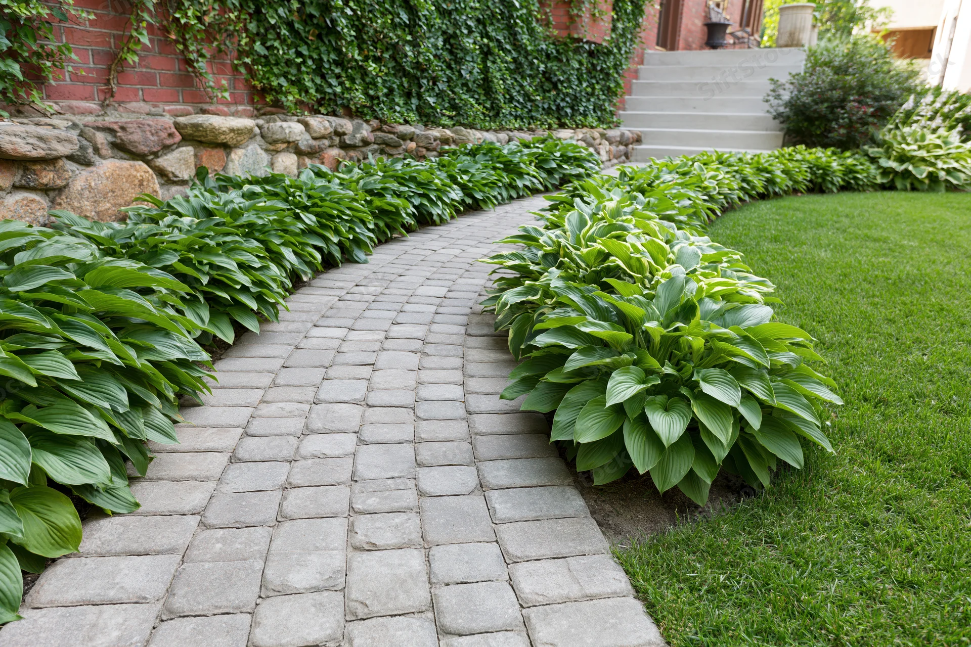 Curved interlocking paver pathway bordered by hosta plants and green lawn leading to a brick house entrance