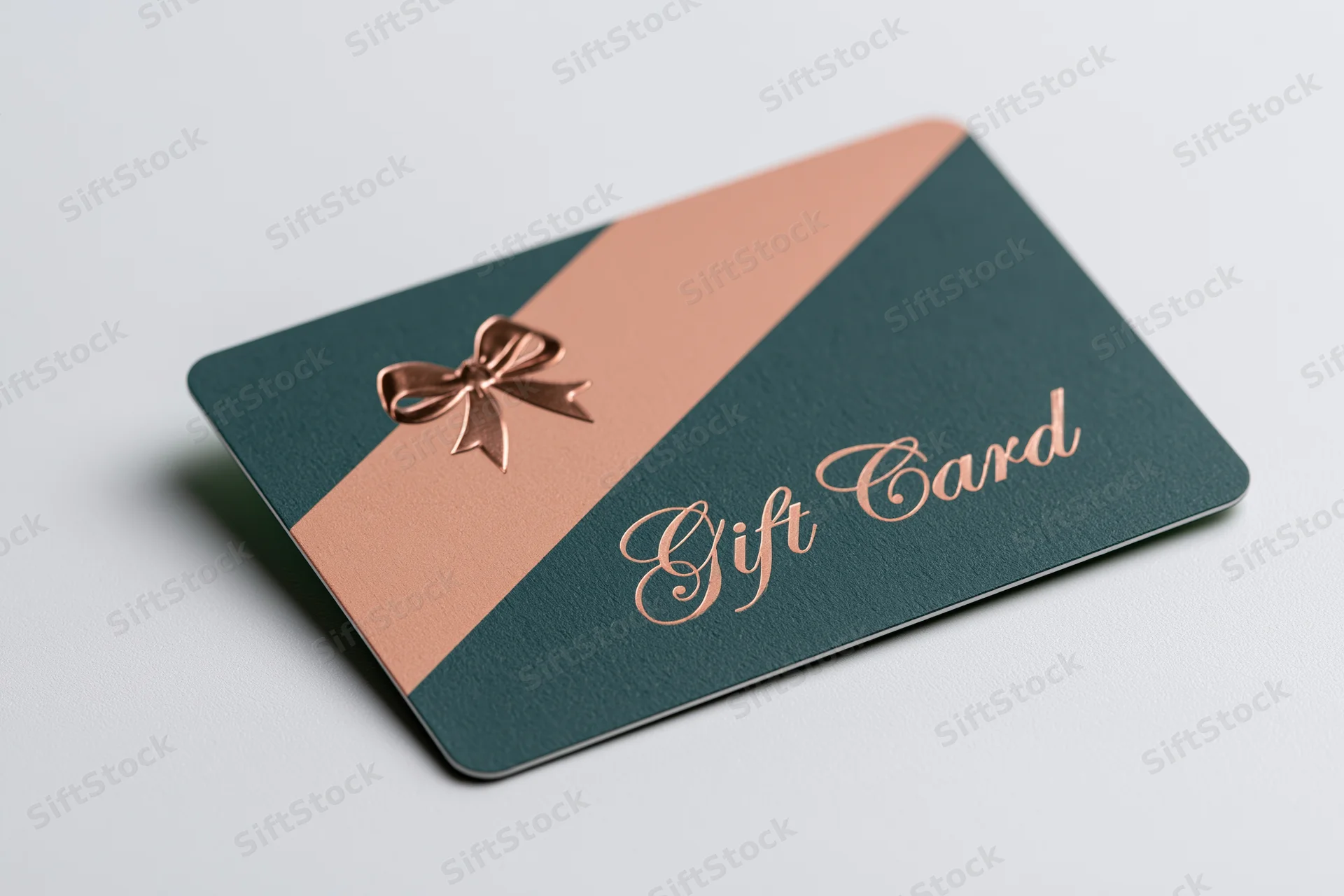 Dark teal and rose gold gift card with foil bow and script text lying flat on white surface