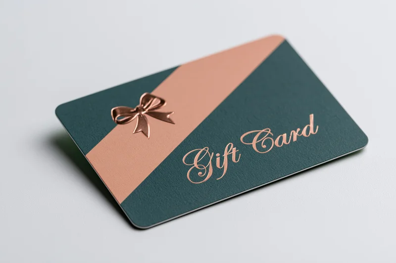 Dark teal and rose gold gift card with foil bow and script text lying flat on white surface