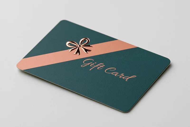 Dark teal gift card with rose gold bow and ribbon lying flat on white surface