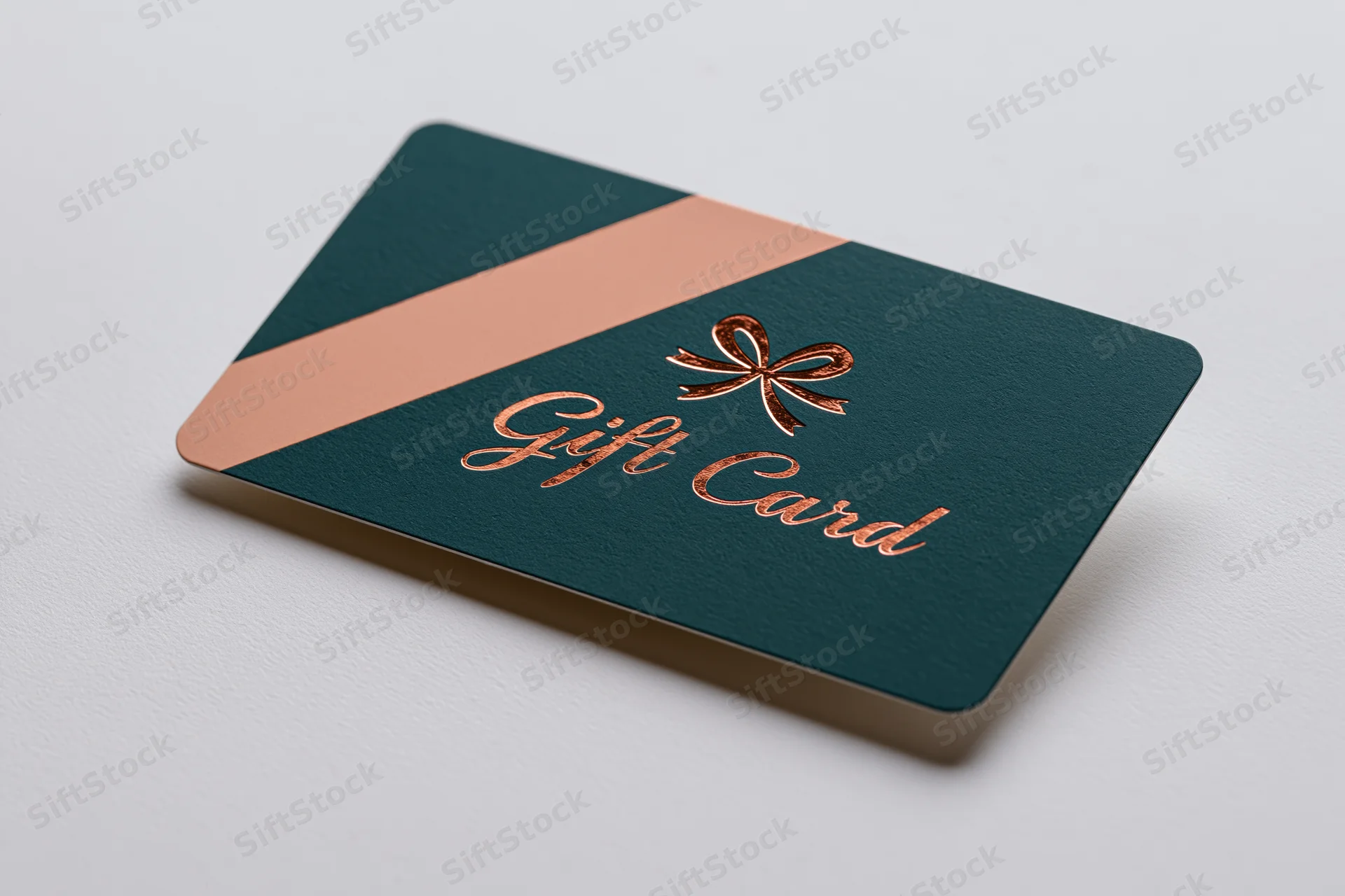 Dark teal and rose gold gift card with foil text and bow lying flat on white surface