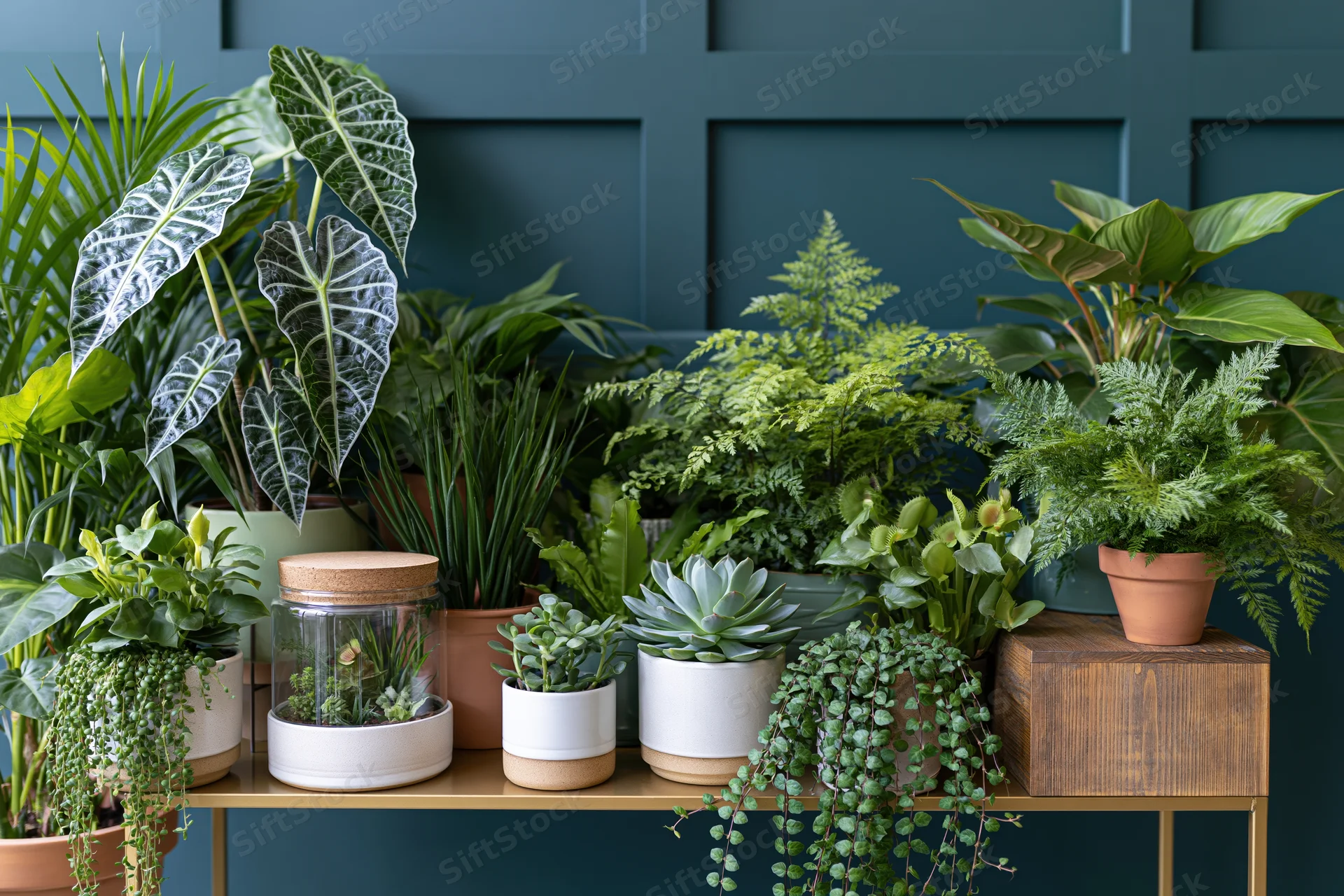 Dense arrangement of diverse houseplants on a gold-legged table against a teal paneled wall
