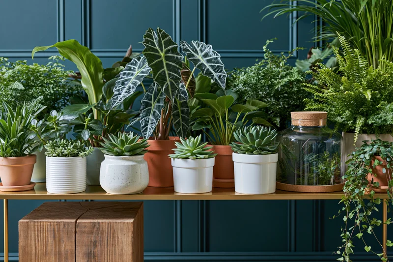Dense arrangement of houseplants in various pots on a gold-legged shelf against a dark teal paneled wall