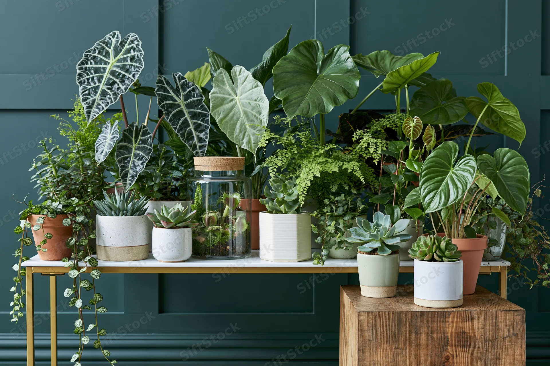 Dense arrangement of houseplants in various pots on a gold-legged table against a dark teal wall