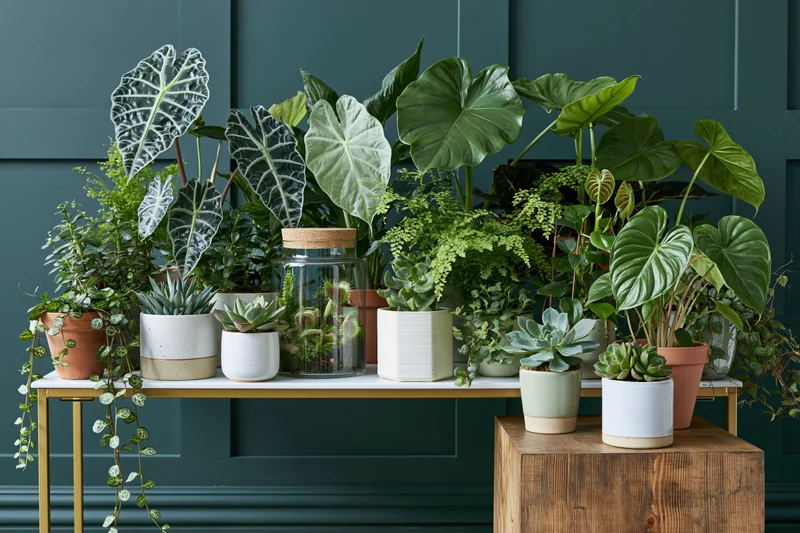 Dense arrangement of houseplants in various pots on a gold-legged table against a dark teal wall