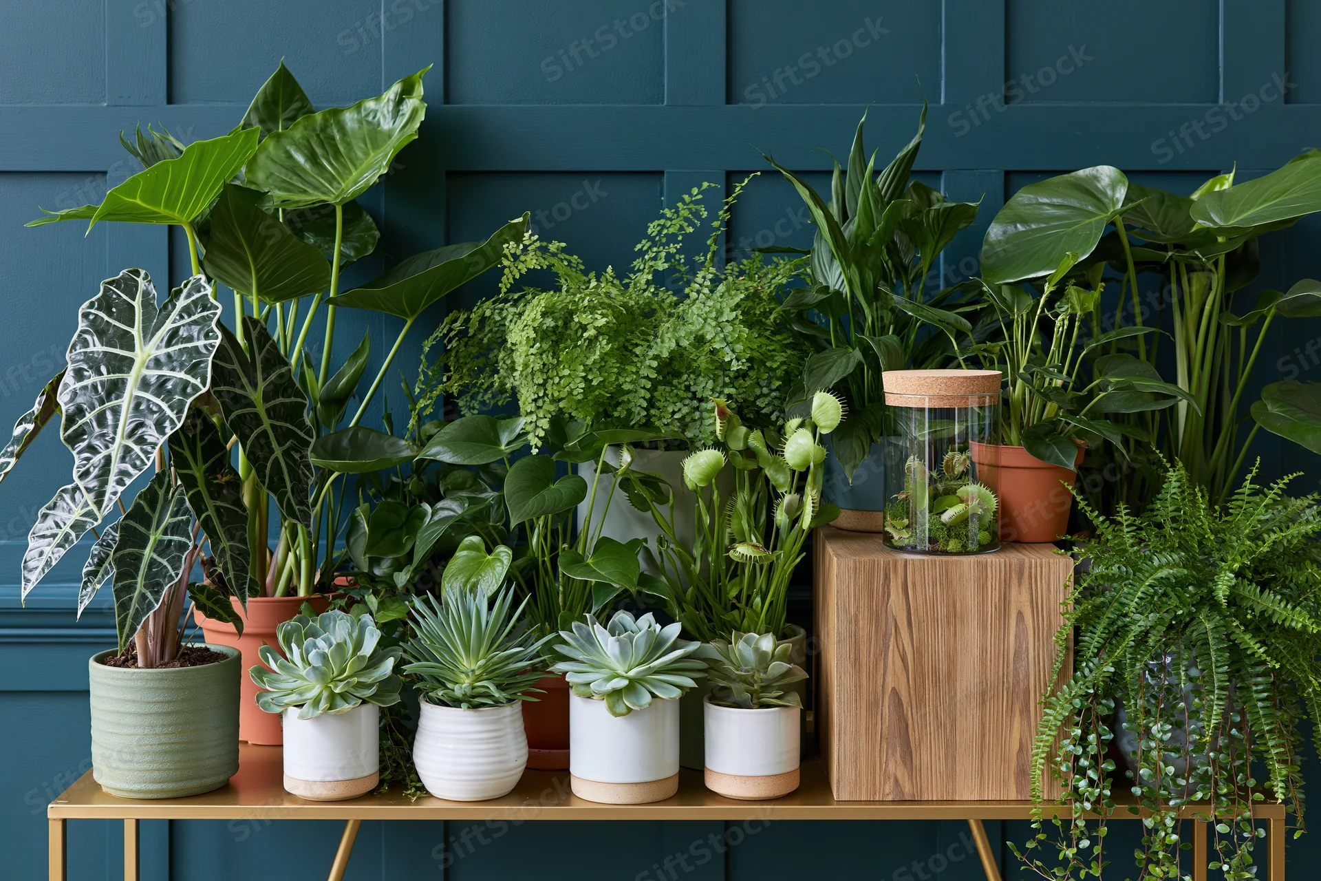 Diverse houseplants arranged on a gold-legged table against a teal paneled wall