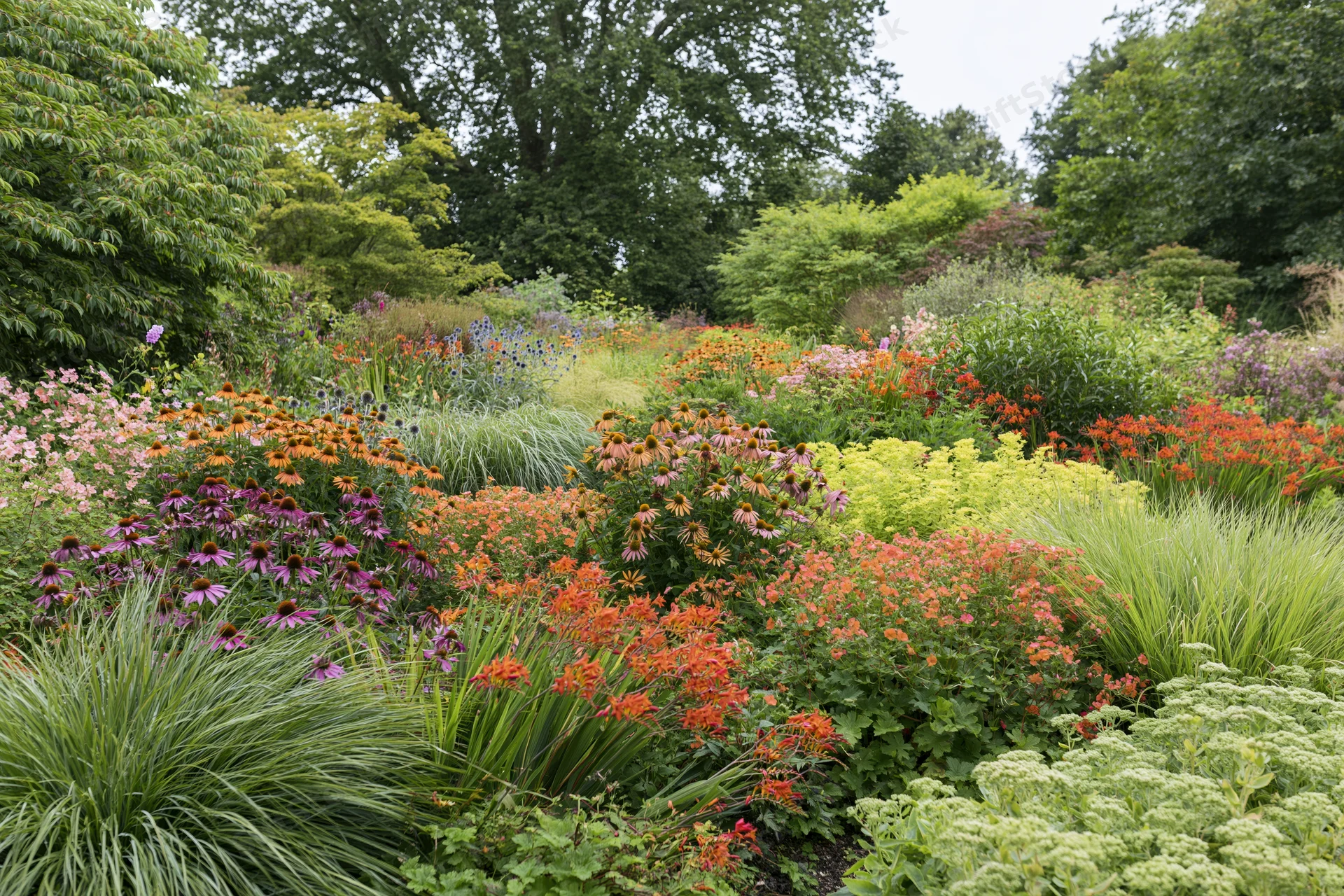 Densely planted perennial border garden in full bloom with colorful flowers and green foliage surrounded by trees