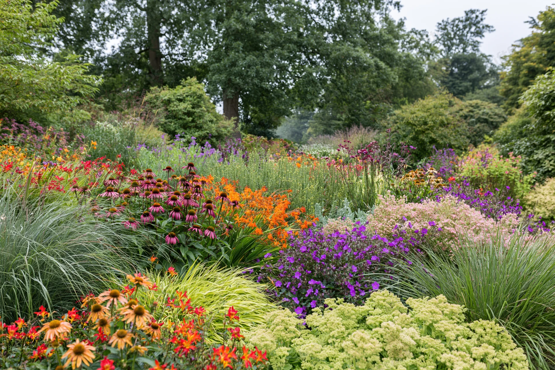 Densely planted perennial garden border in full bloom with colorful flowers and green foliage under overcast sky