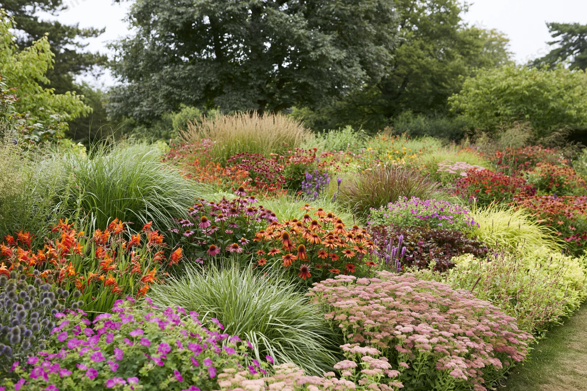 A densely planted english perennial border garden in full bloom with colorful flowers and green foliage along a garden path