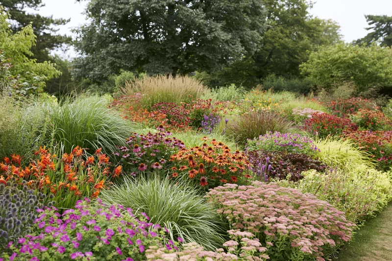 A densely planted english perennial border garden in full bloom with colorful flowers and green foliage along a garden path