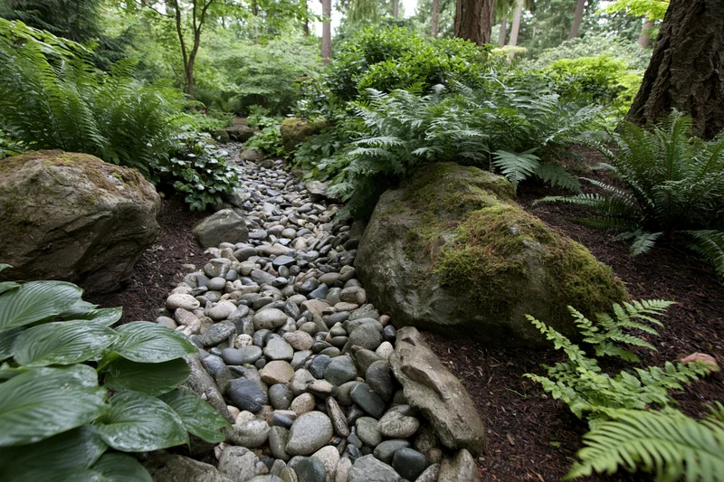 Winding stone pathway through lush ferns and moss-covered rocks in a shaded garden setting